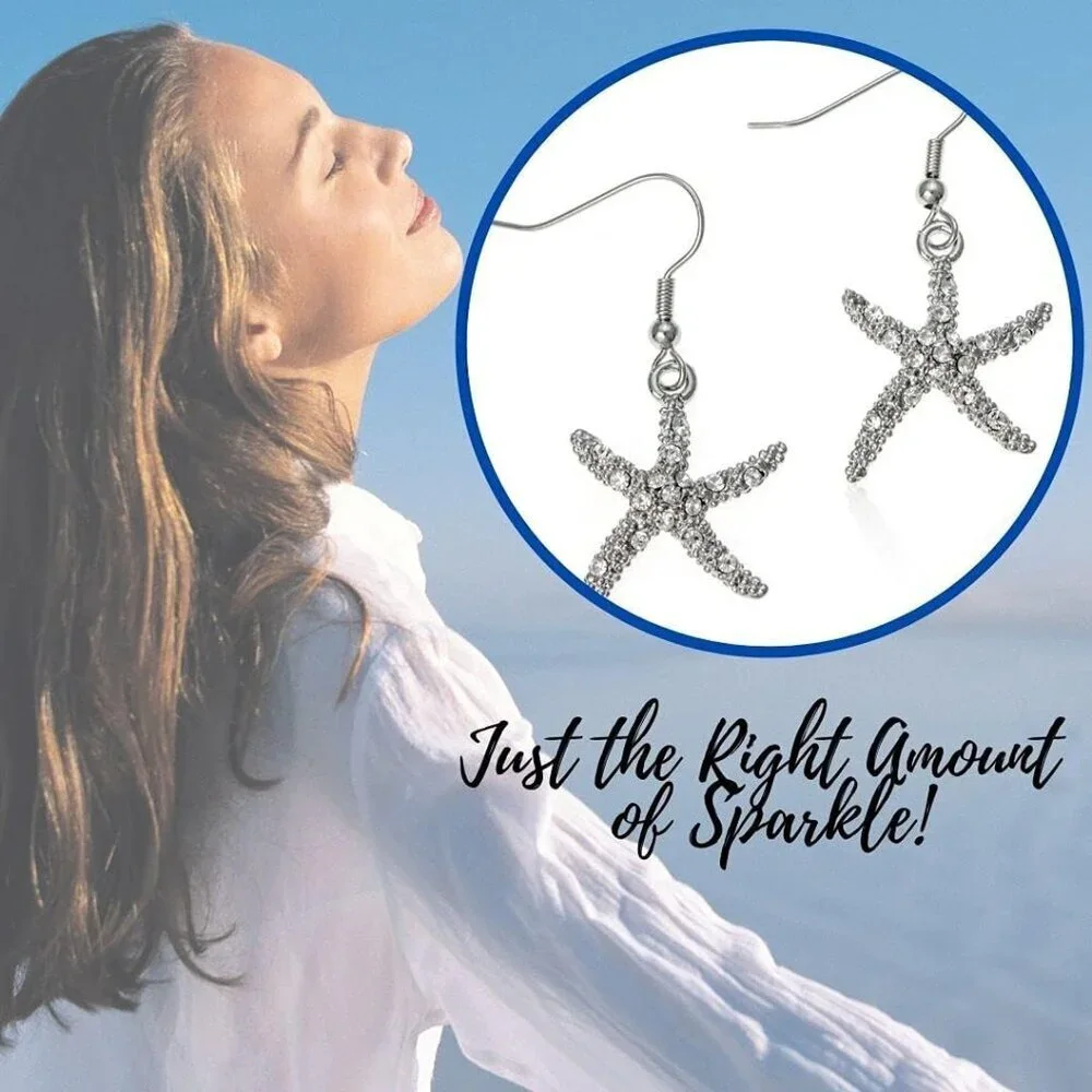 Women's Silver Starfish 1.25 Inches Clear Crystal Dangle Glass Base Earrings